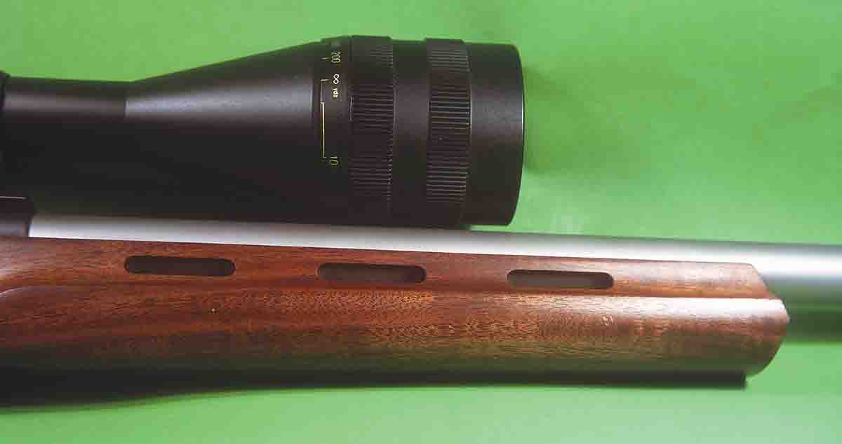 The rifle's forend is ventilated to assist in barrel cooling, a nice touch on a varmint rifle.